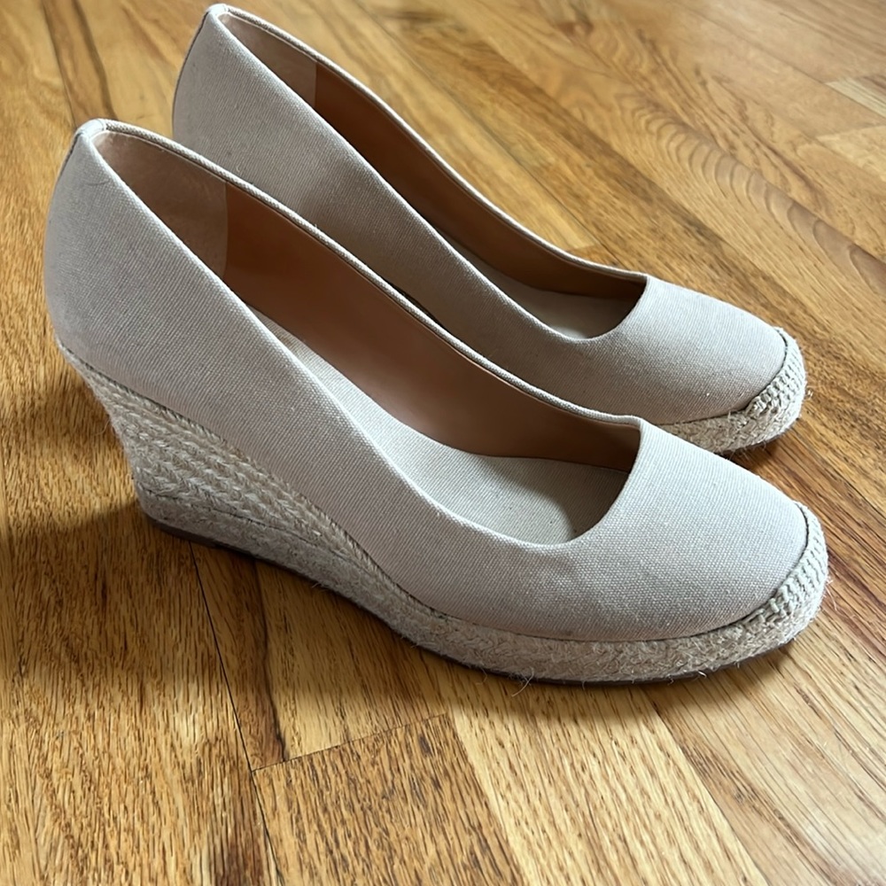 J. Crew Factory Beige Canvas Espadrille Wedge Pumps